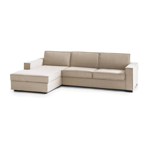 Divano Letto Adelina, Divano ad angolo, 100% Made in Italy, Sofà con apertura girevole, Penisola contenitore Sinistra, con Braccioli standard, Cm 280x95h90, Beige