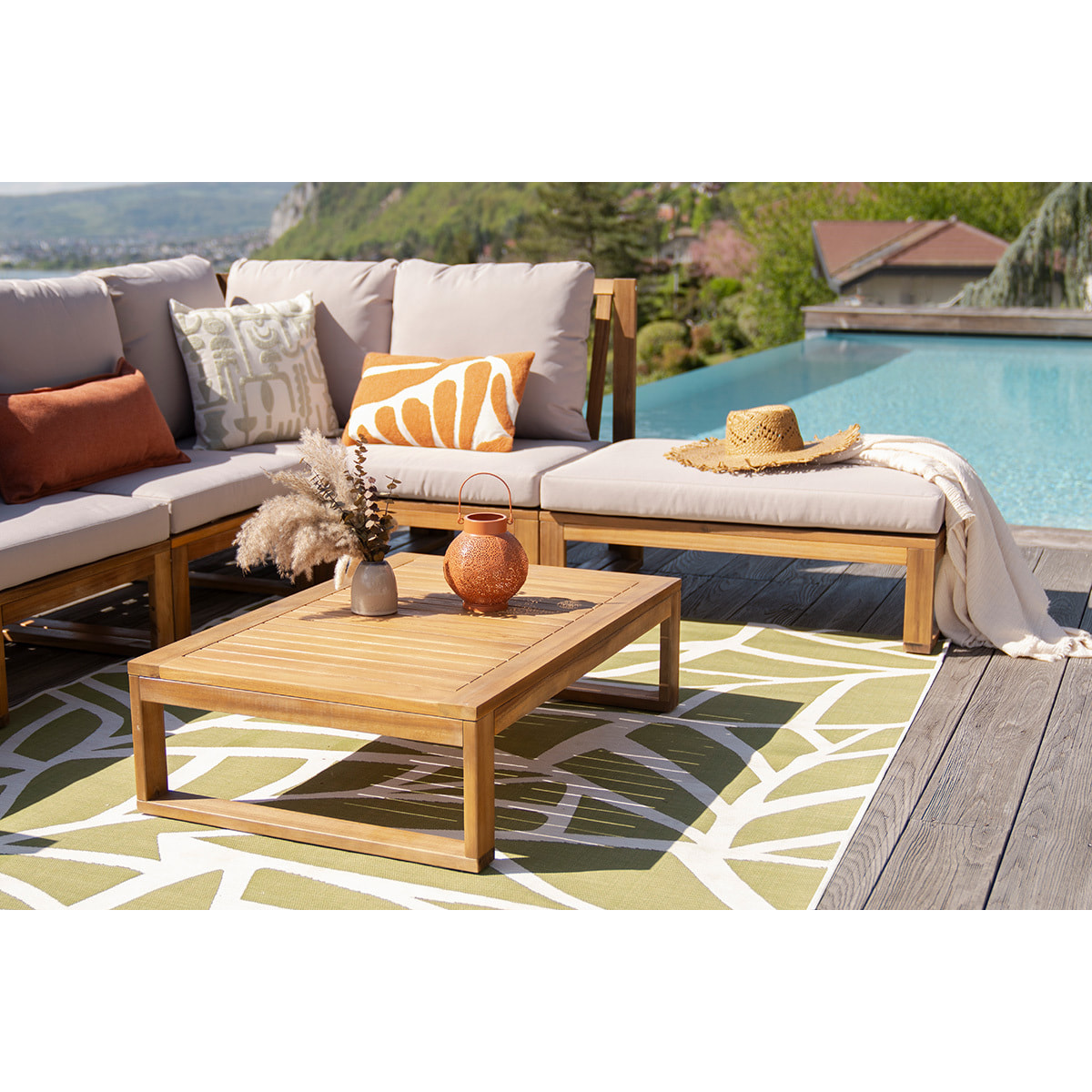 Salon de jardin d'angle 6-8 places en bois massif avec coussins déhoussables taupe SALSA