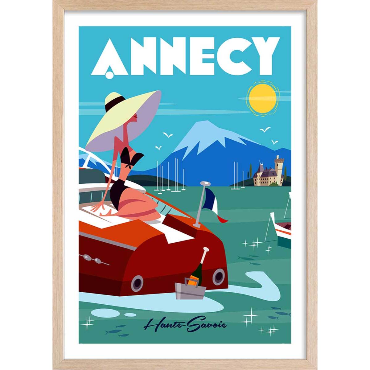 Poster de vedette du lac d' annecy Affiche + cadre en bois - Chêne