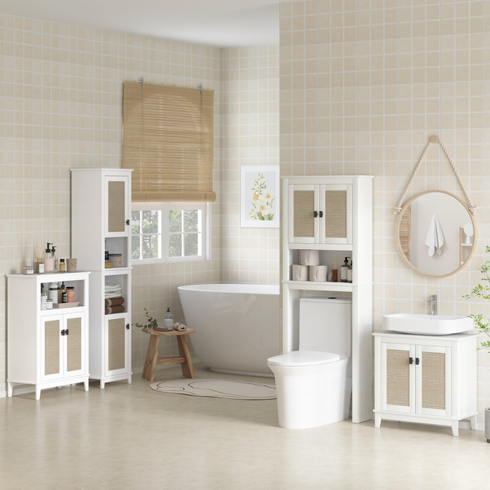 Columna de Baño con 2 Puertas con Frontal de Ratán Armario de Baño Boho con Estantes Ajustables y 2 Compartimentos 40x30x167,5 cm Blanco