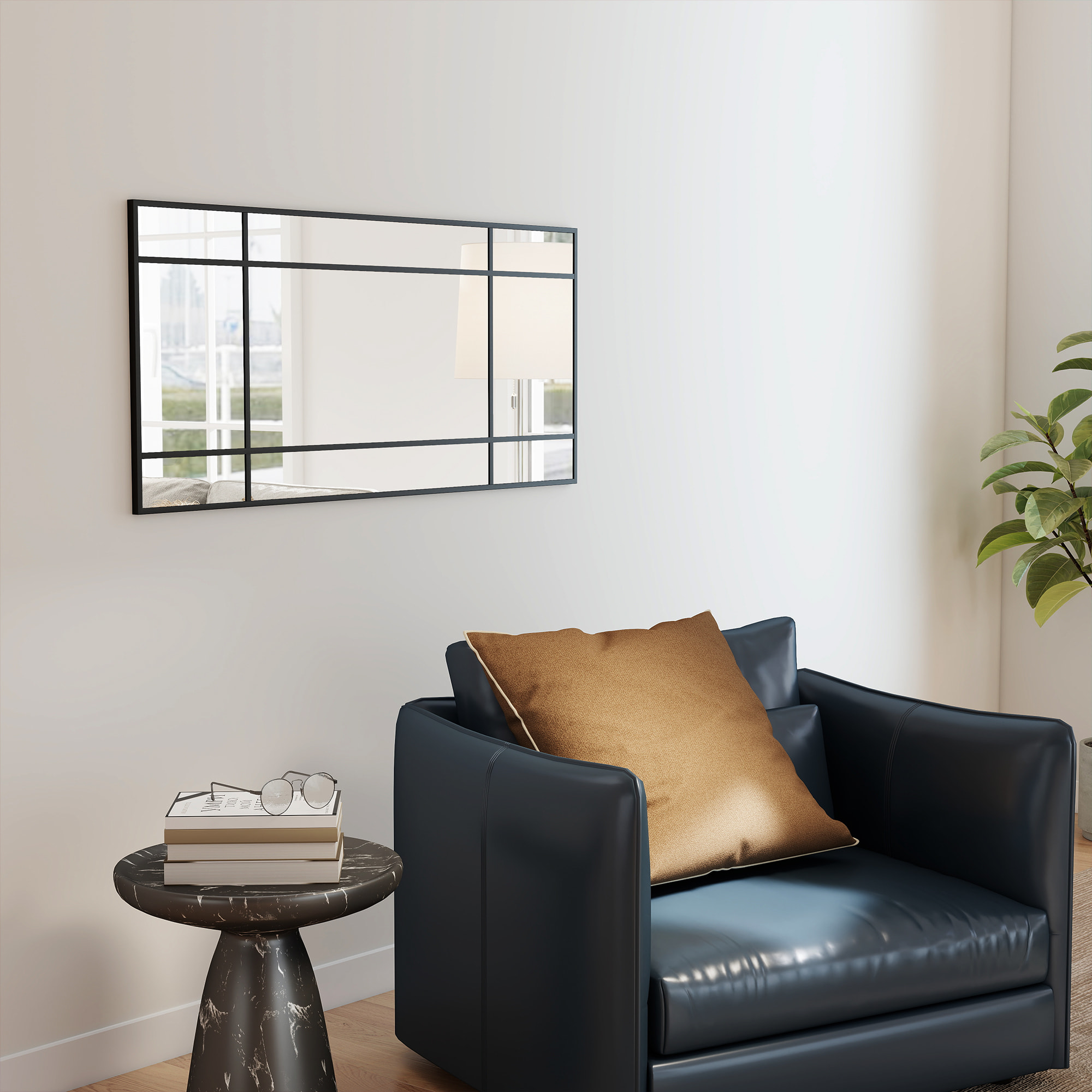 Miroir mural verrière rectangulaire - installation horizontal ou vertical - 4 crochets - dim. 110L x 50H cm - métal noir