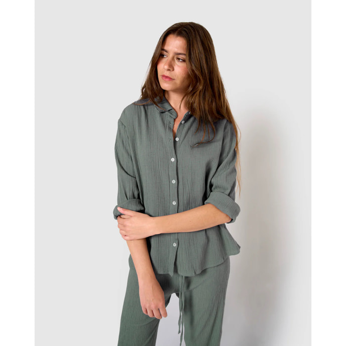 Camisa algodón lino verde azulado
