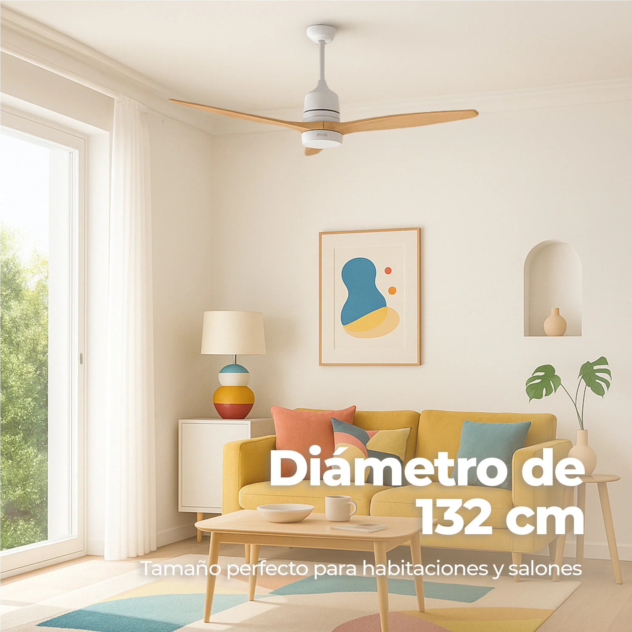 Ventilador de Techo EVVO V540 Wood – 132 cm, LED 18W 3 Tonos, 6 Velocidades, Temporizador 8h, Modo Invierno/Verano, Mando, Motor DC 40W, Altura Ajustable