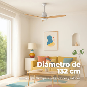 Ventilador de Techo EVVO V540 Wood – 132 cm, LED 18W 3 Tonos, 6 Velocidades, Temporizador 8h, Modo Invierno/Verano, Mando, Motor DC 40W, Altura Ajustable