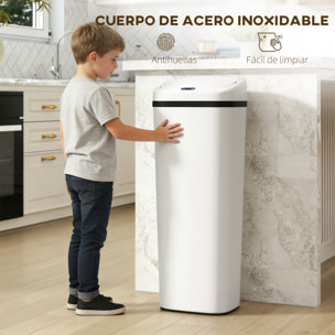 Cubo de Basura Cocina Automático 50 L, Papelera de Cocina Estrecha de Acero Inoxidable con Sensor Infrarrojo y Modo Manual, Anillo de Retención, Antihuellas, para Oficina, Hogar, Blanco