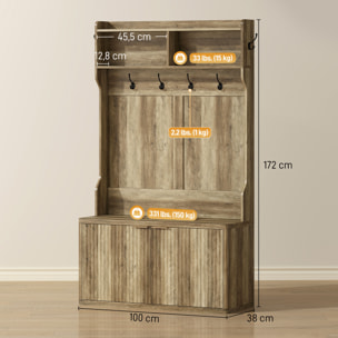 Perchero Zapatero, Perchero Recibidor con 2 Puertas, Estantes Abiertos, 6 Ganchos, para Pasillo, Dormitorio, Salón, Estilo Moderno, 100x38x172 cm, Roble