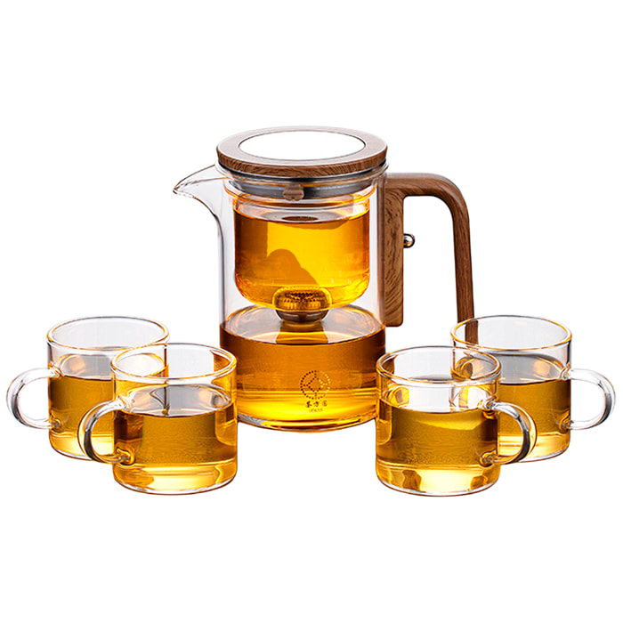 Tetera de cristal de 600 ml con filtración magnética, filtro de acero inoxidable de micromalla y vidrio borosilicato resistente al calor. Incluye 4 tazas.