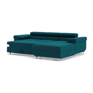 Pablo - canapé d'angle droit - 6 places - convertible avec coffre et têtières réglables - en velours - Bleu canard
