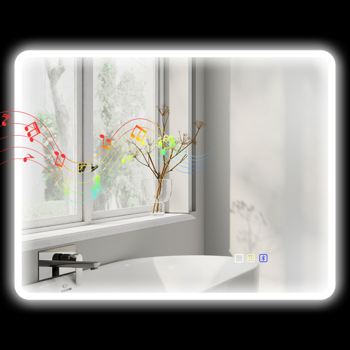 Espejo de Baño con Luz LED Bluetooth 90x70 cm Espejo de Pared con 3 Colores de Luz Brillo Ajustable Función Antivaho Función de Memoria Interruptor Táctil IP44