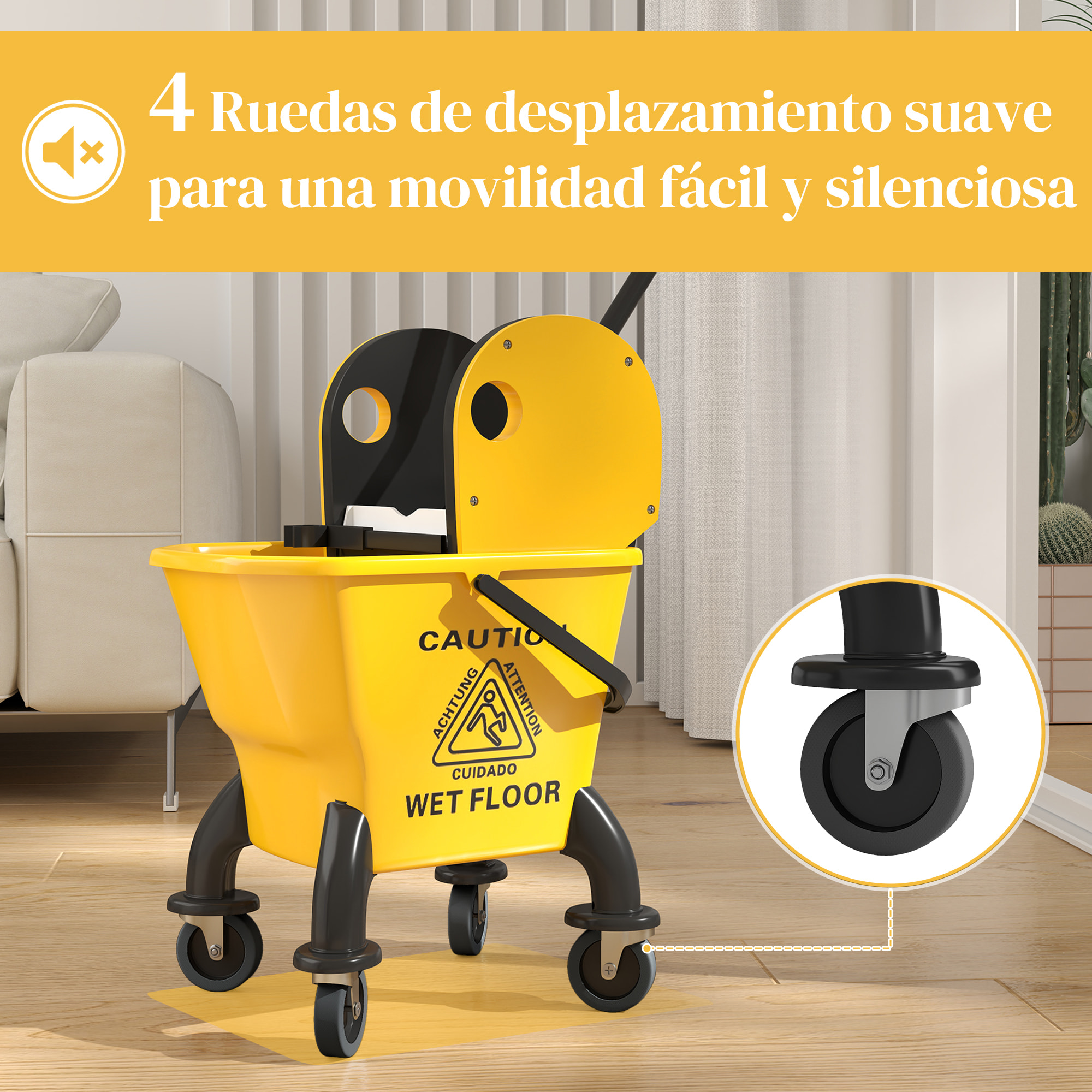 Cubo de Fregona con Ruedas, Escurridor Desmontable de Prensa hacia Abajo, Capacidad 26 L/27,5 qt, Cubo de Fregar Incluye Fregona y Asa, para Uso Comercial y Doméstico, Amarillo