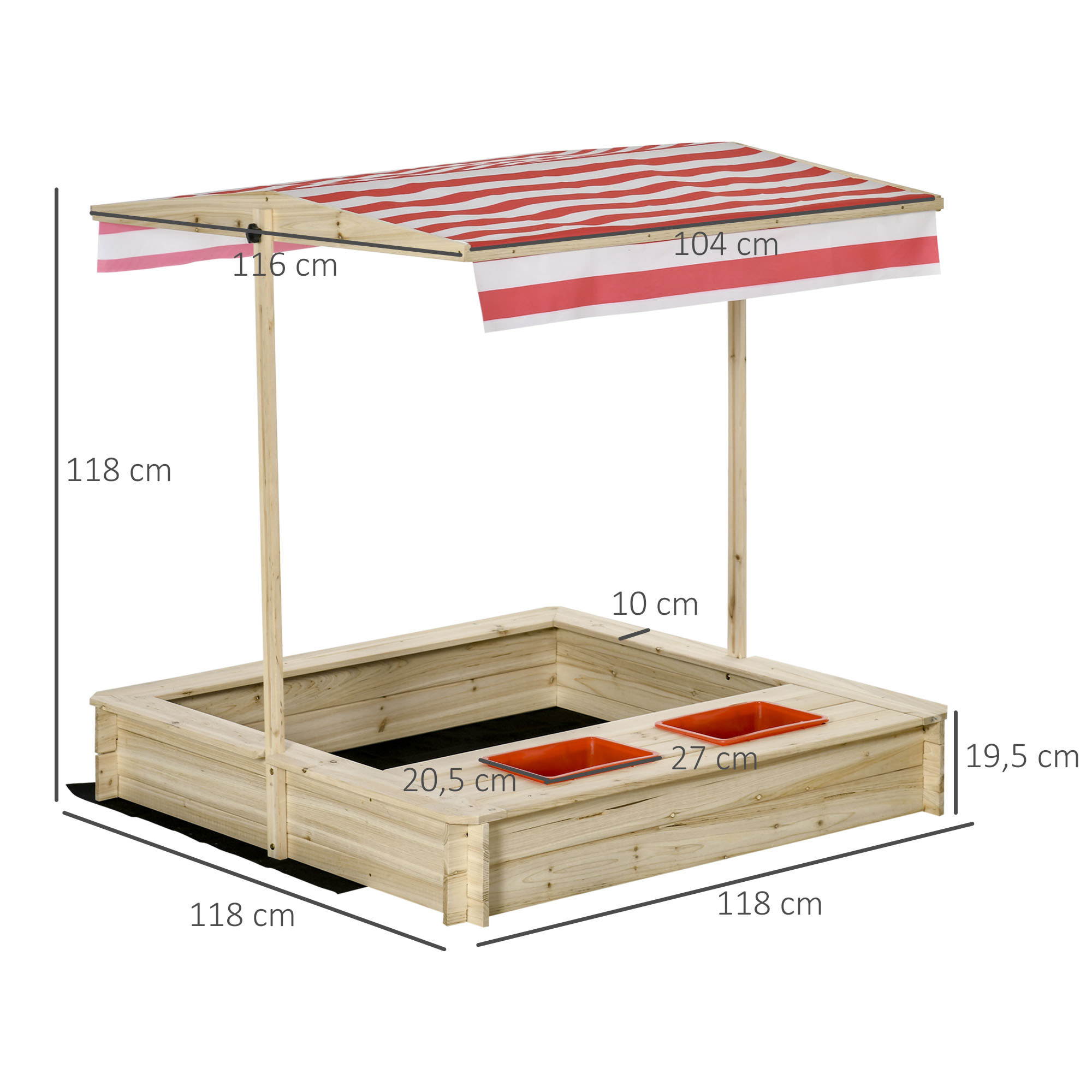 Bac à sable bois carré dim. 1,18L x 1,18l x 1,18H m - hauteur, inclinaison toit réglables, refermable - 2 bacs - bois sapin autoclave