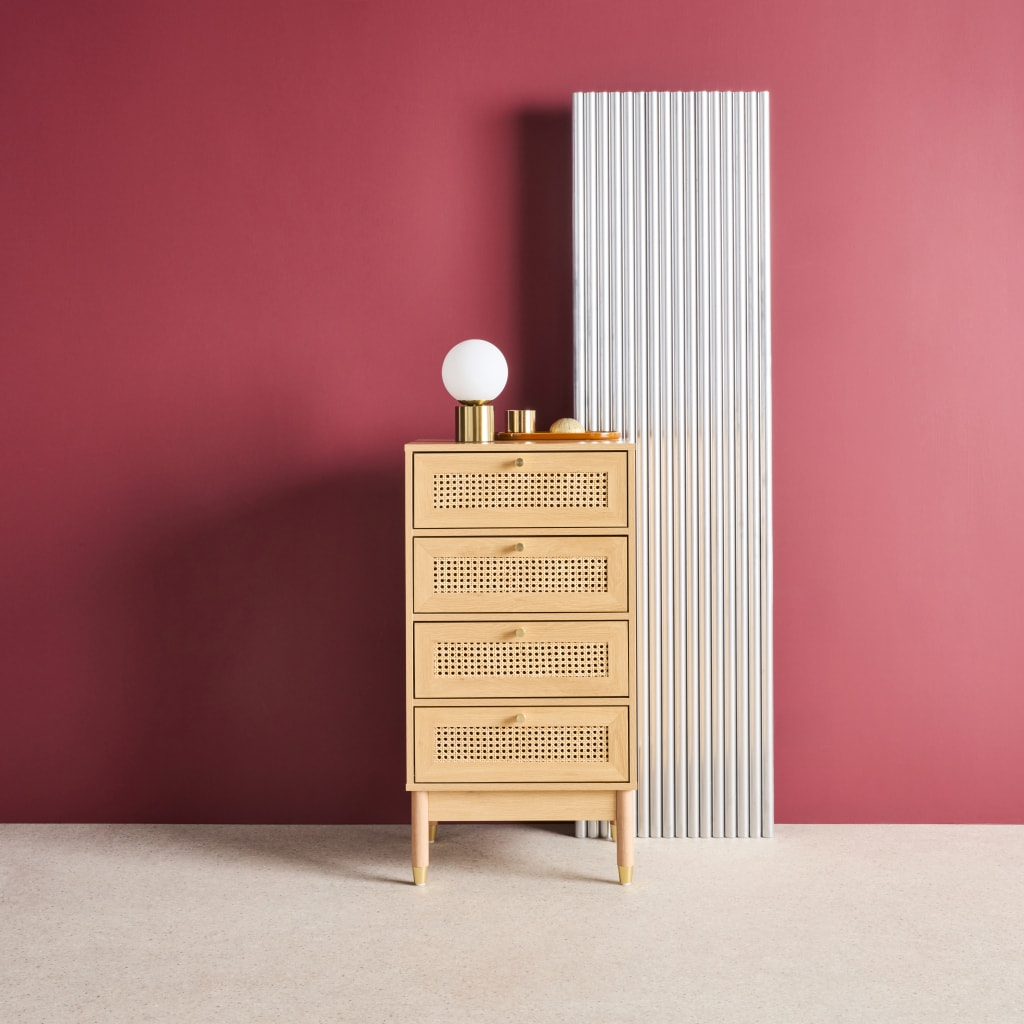 Commode chiffonnier décor bois et cannage 4 tiroirs teinte naturelle - 50 x 40 x 96 cm - Judith