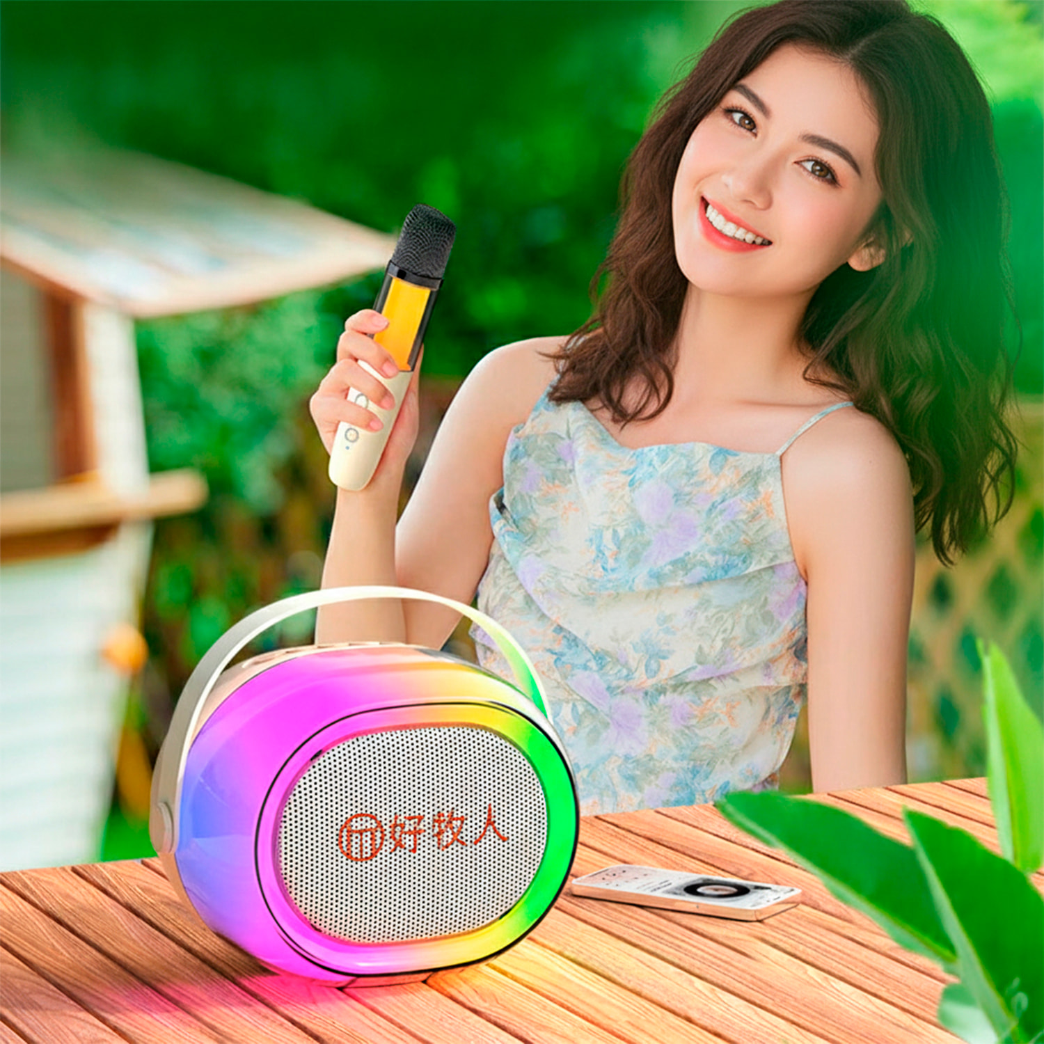 Altavoz inalámbrico para karaoke con dos micrófonos. Bluetooth 5.3 y 4 modos de voz.