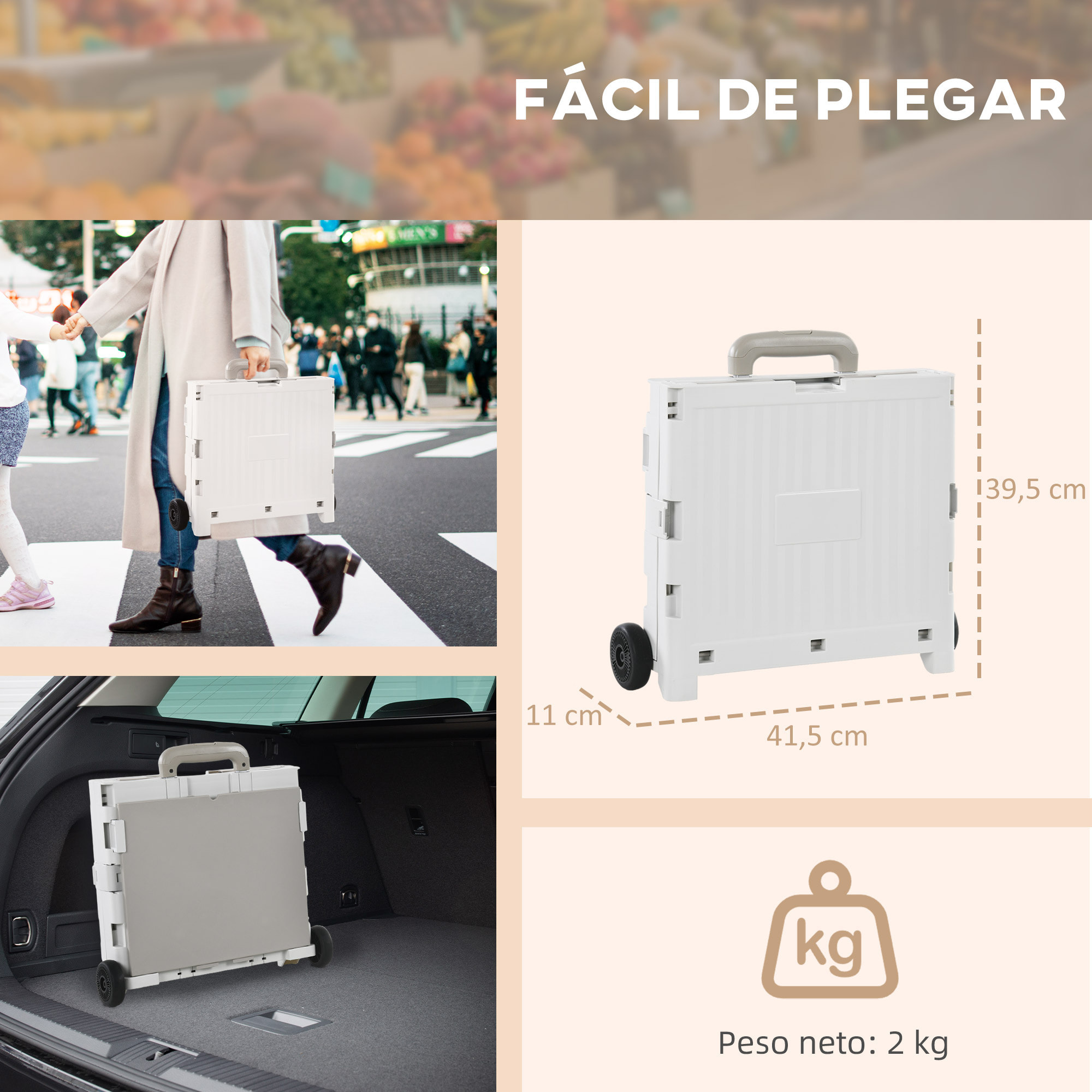Carrito de la Compra Plegable Carrito para Supermercado con 2 Ruedas Longitud de Mango Ajustable Capacidad 32 Litros para Oficina Escuela Hogar 41,5x32,5x85 cm Blanco