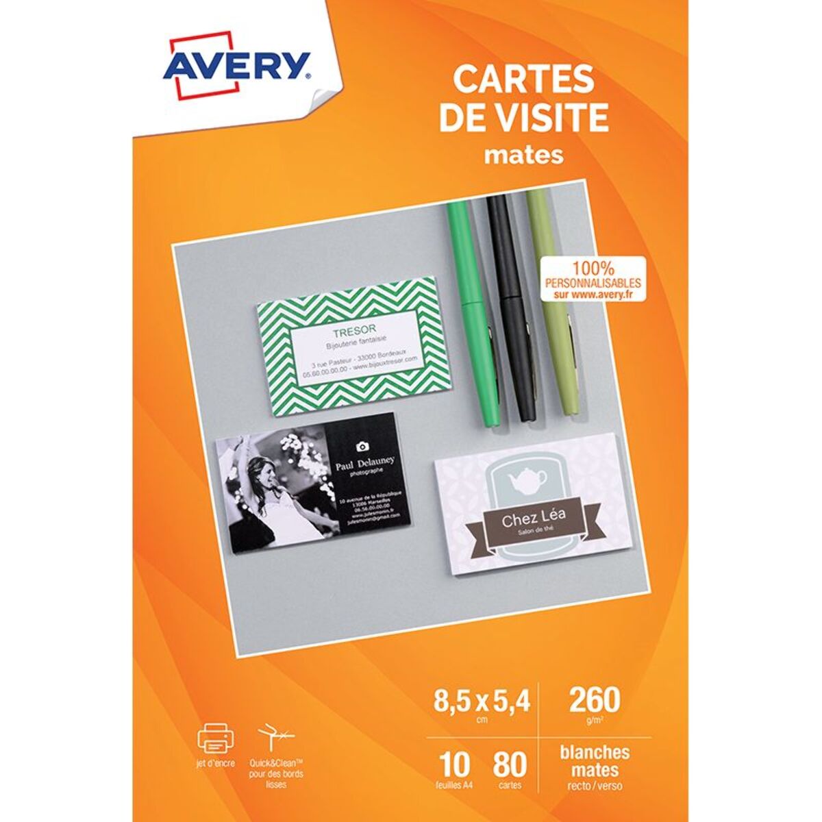 Papier créatif AVERY 80 Cartes de visite 85x54mm mates 260g