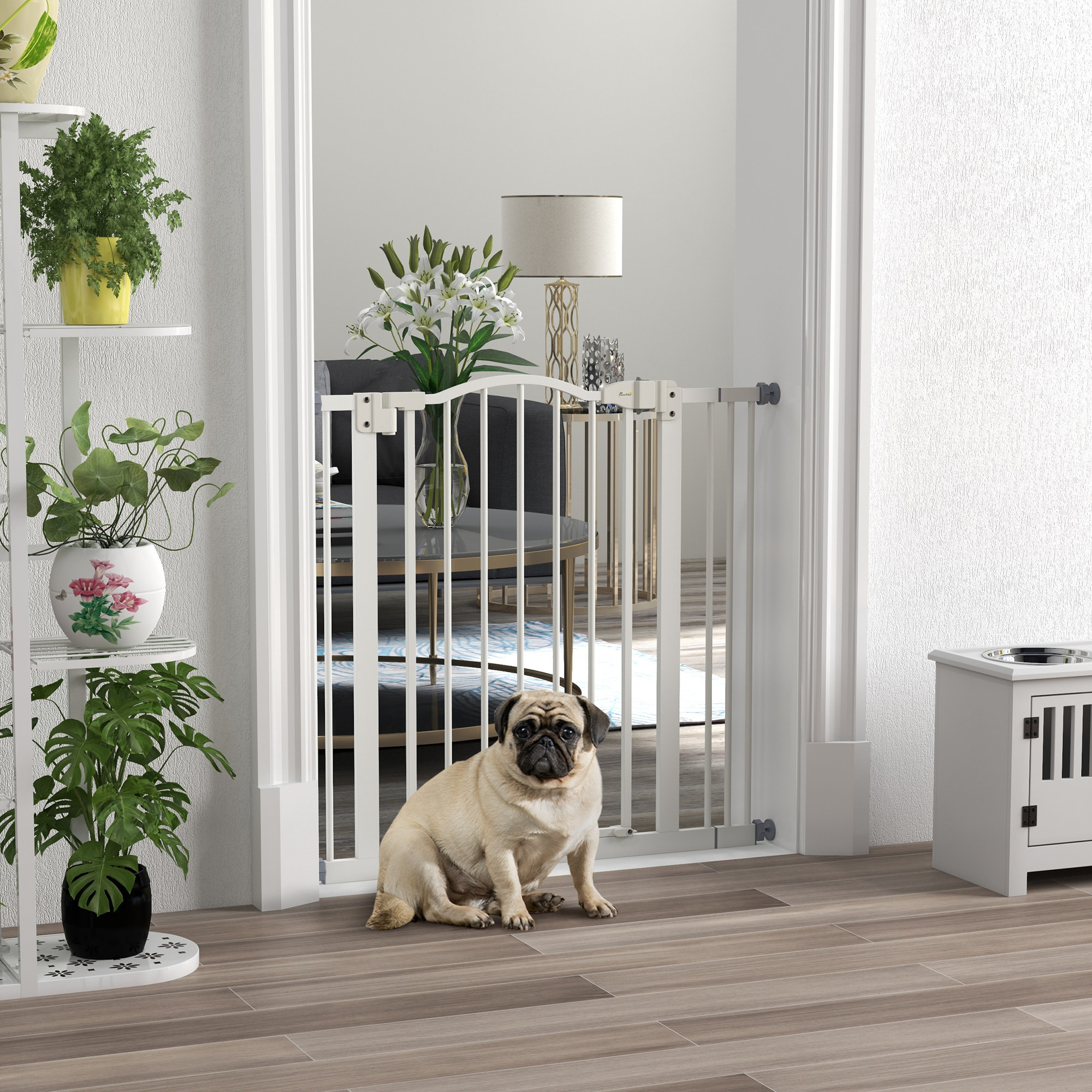 Barrera de Seguridad para Perros Extensible 74-87 cm para Puertas y Escaleras Puerta de Seguridad para Mascotas con Montaje a Presión y Doble Bloqueo Blanco