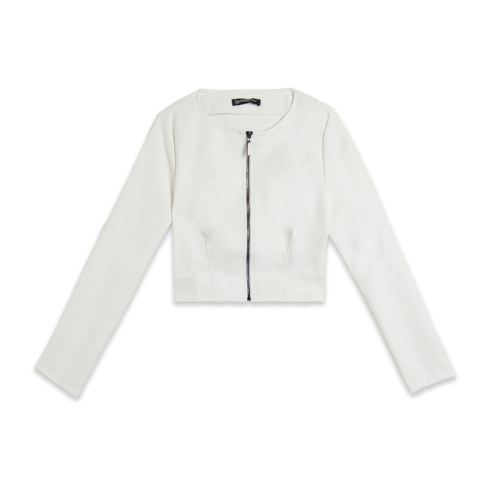 Giacca cropped in similpelle con zip in metallo