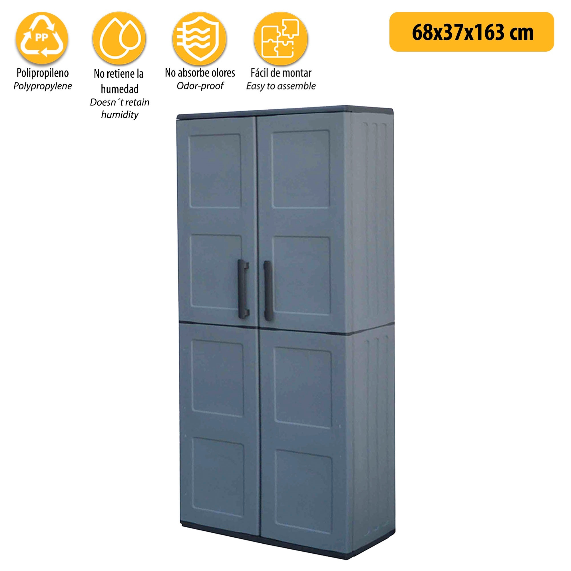 Armario de altura completa en polipropileno, material reciclable y ecológico sostenible, está equipado con bisagras de acero y estantes ajustables, di