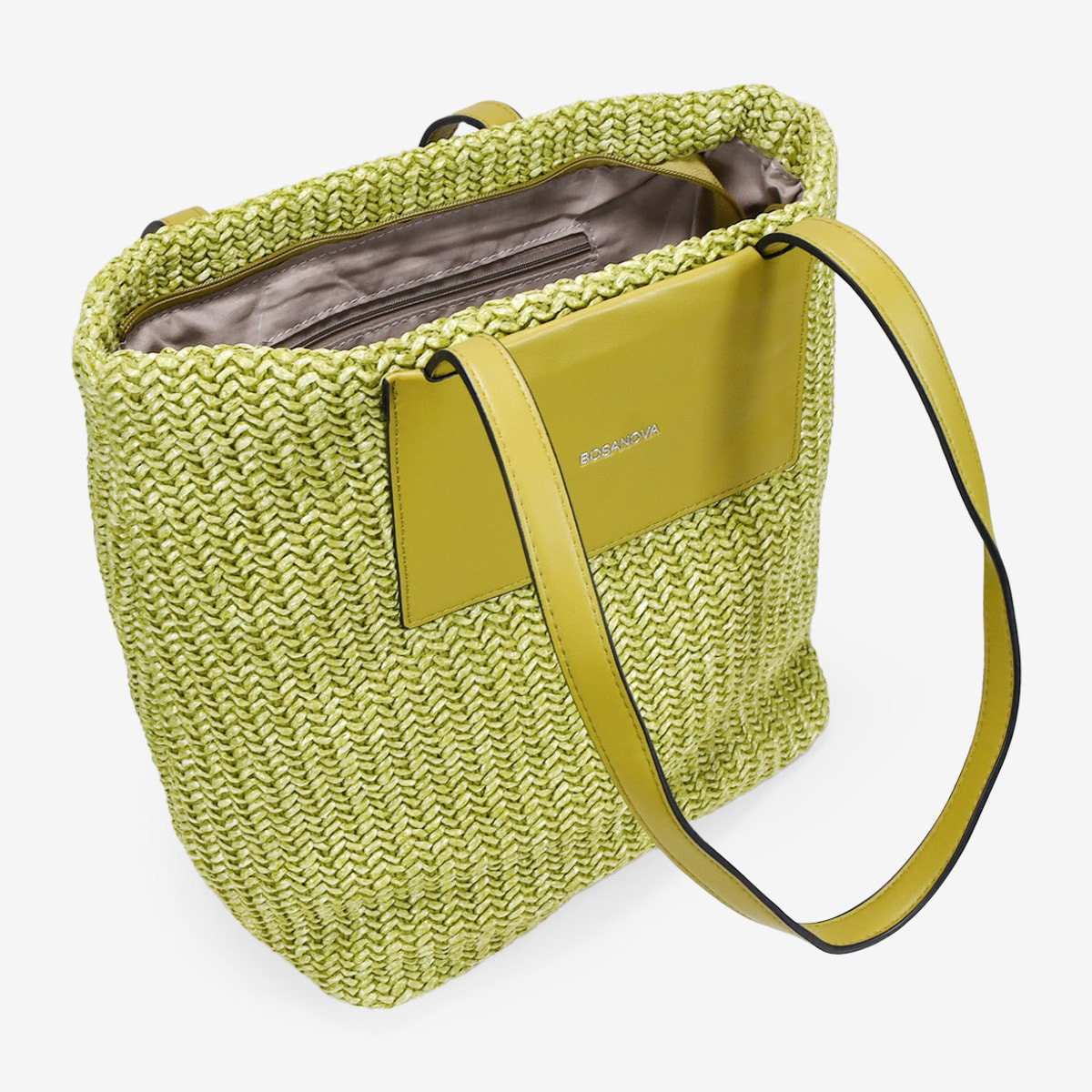 Bolso de hombro verde en rafia con cremallera