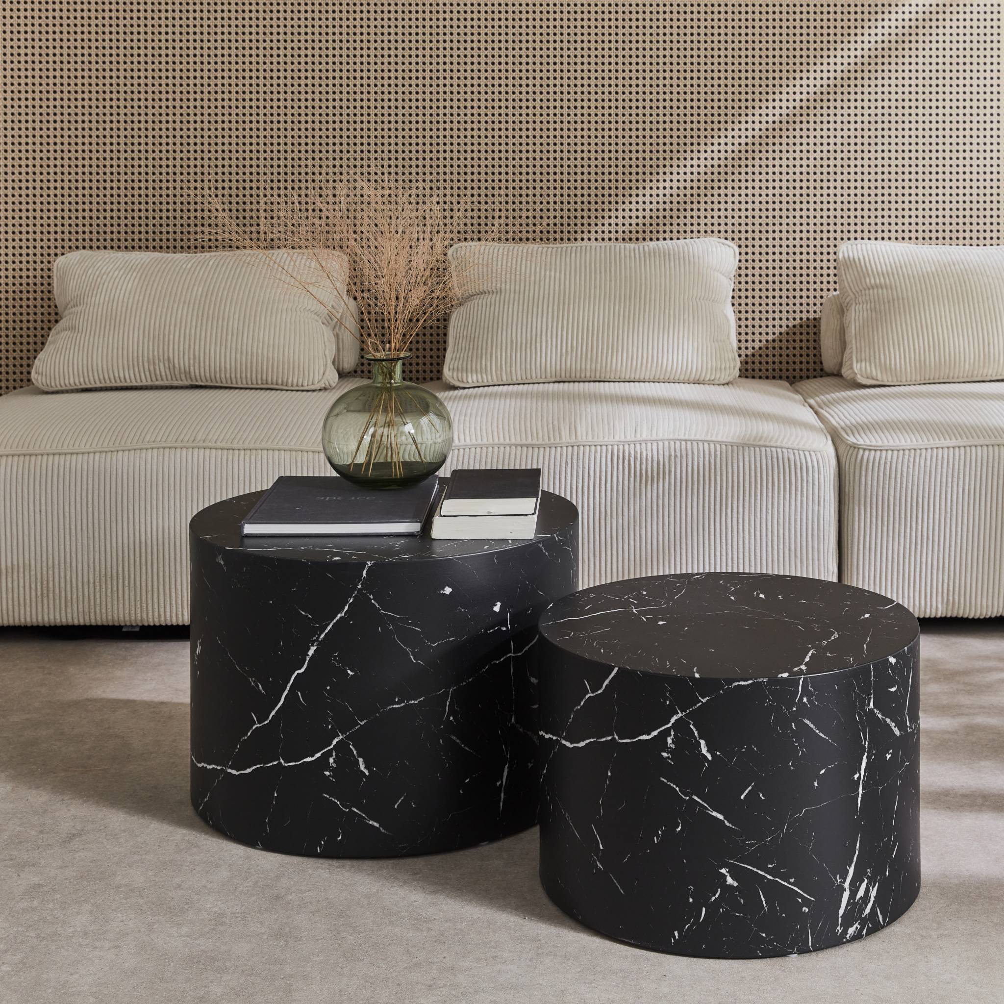 Lot de 2 tables basses PAROS rondes effet marbre noir. tables gigognes Ø58 x H 40cm / Ø50 x H 33cm