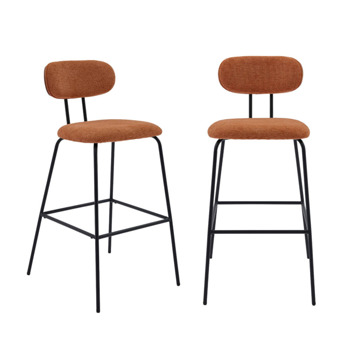 2 tabourets de bar décor bois courbé teinté noyer et tissu déperlant terracotta. pieds métal noir mat (lot de 2) - L 44 x P 51 x H 103cm - Erin
