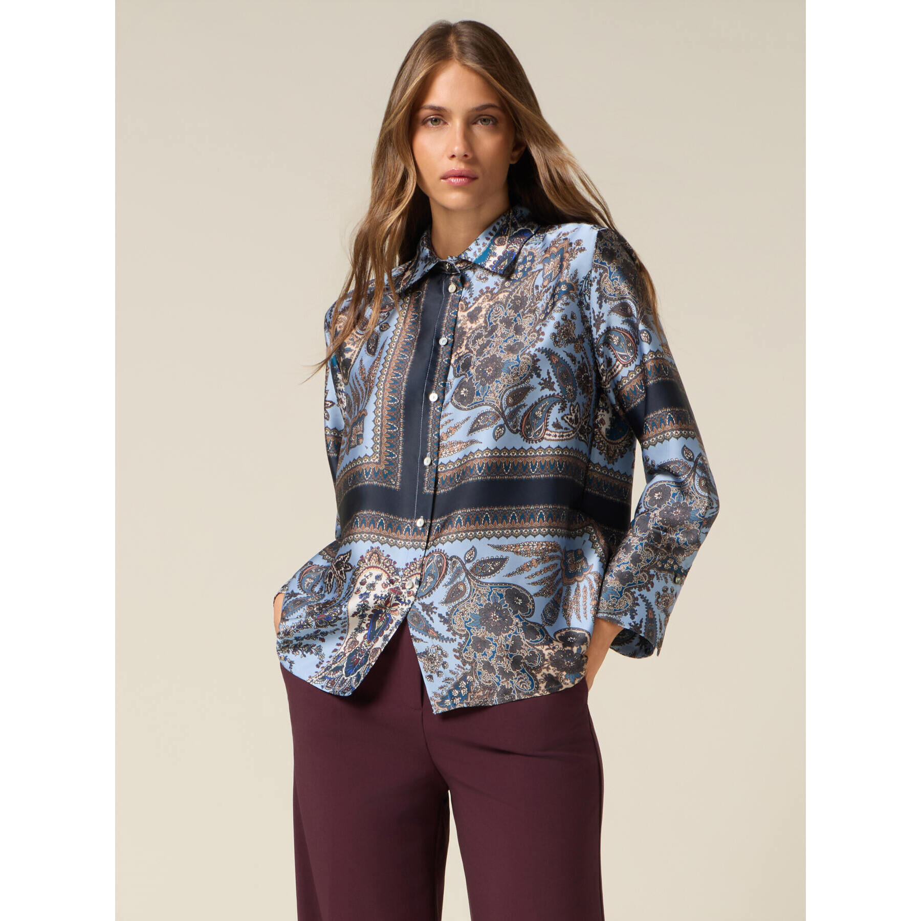 Oltre - Camicia in raso fantasia - Azzurro