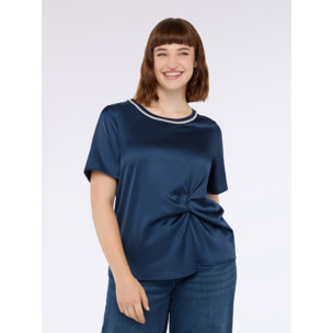 Fiorella Rubino - T-shirt bimaterica con drappeggio e strass - Blu