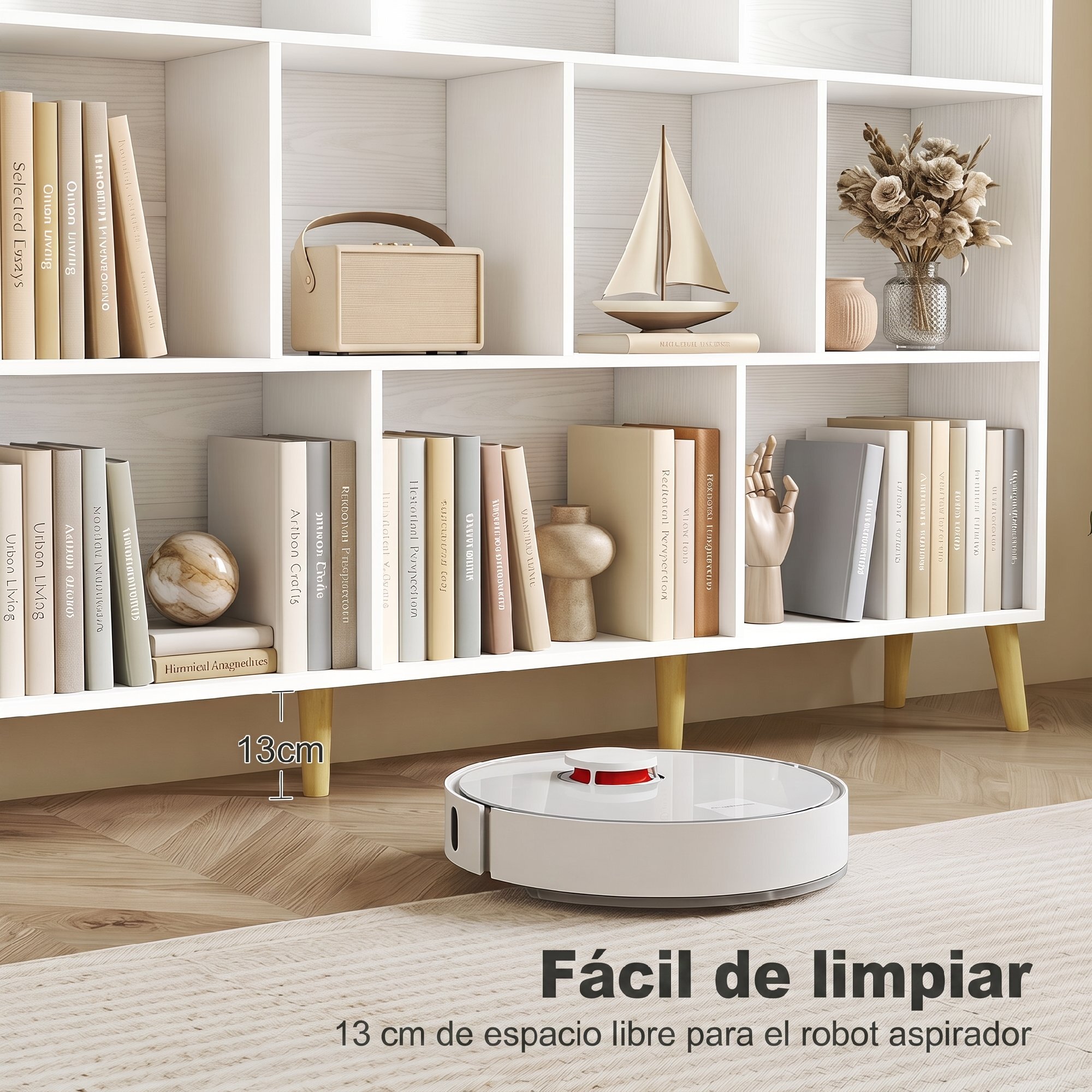Estantería de 10 Cubos, Librería de 3 Niveles con Patas de Madera Maciza, para Dormitorio, Salón, Estudio u Oficina, 140x24x107 cm, Blanco