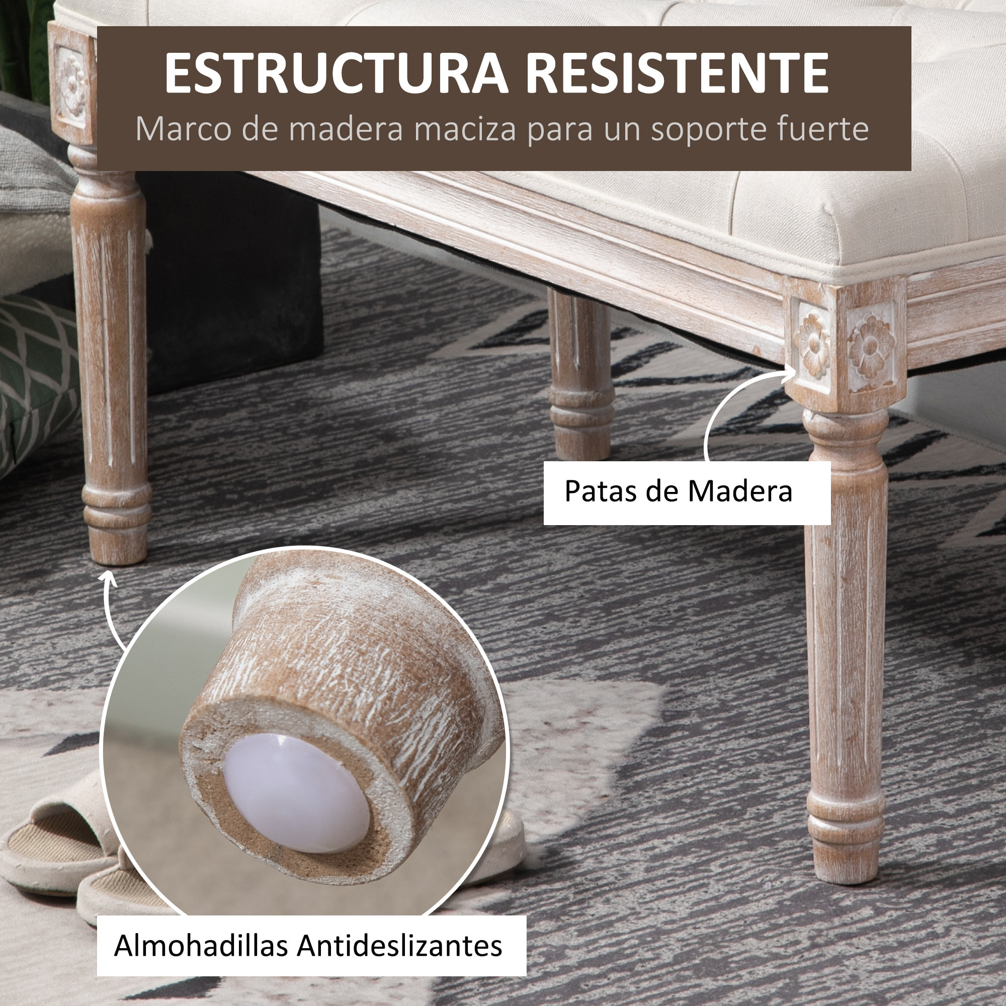 Taburete para Pie de Cama Tapizado en Tela con Asiento Acolchado y Patas de Madera Banqueta de Estilo Vintage para Dormitorio Recibidor Salón 80x40x43 cm Beige