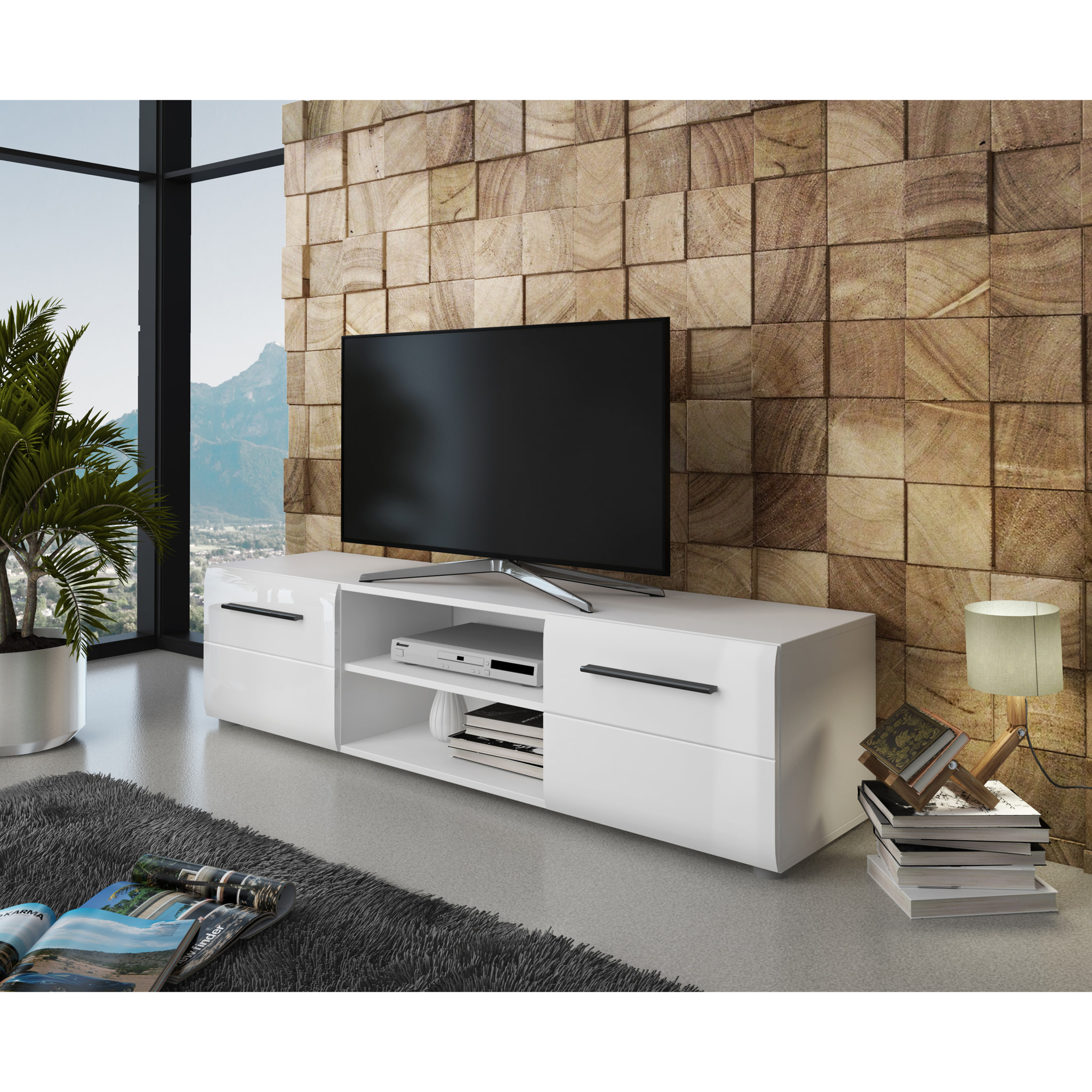 Mobile Porta TV Con Maniglie Nere Con 2 Ante E 2 Ripiani Aperti Design Moderno per Soggiorno Adatto A TV fino a 65 Pollici 160 x 40 x 39,6 Cm Bianco