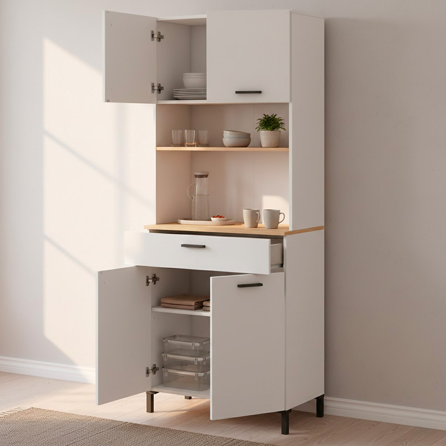Mobile Dispensa Multiuso con 4 Ante 1 Cassetto E Vano Per Elettrodomestici Con Ripiani Interni Piano Appoggio 72 x 185 x 40 Cm Colore Bianco E Rovere