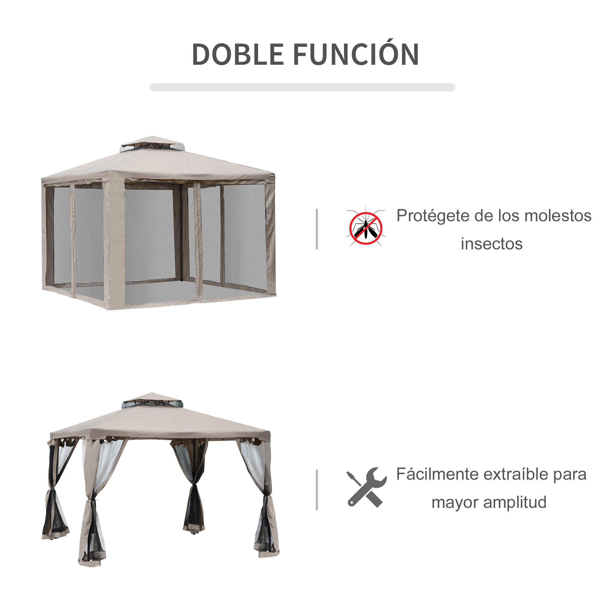 Cenador de Jardín 3x3 m Pabellón de Exterior con Doble Techo de Ventilación 4 Cortinas Mosquiteras Laterales con Cremallera 4 Orificios de Drenaje para Fiestas Patio Marrón Pardo
