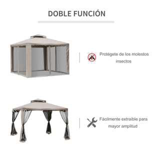 Cenador de Jardín 3x3 m Pabellón de Exterior con Doble Techo de Ventilación 4 Cortinas Mosquiteras Laterales con Cremallera 4 Orificios de Drenaje para Fiestas Patio Marrón Pardo