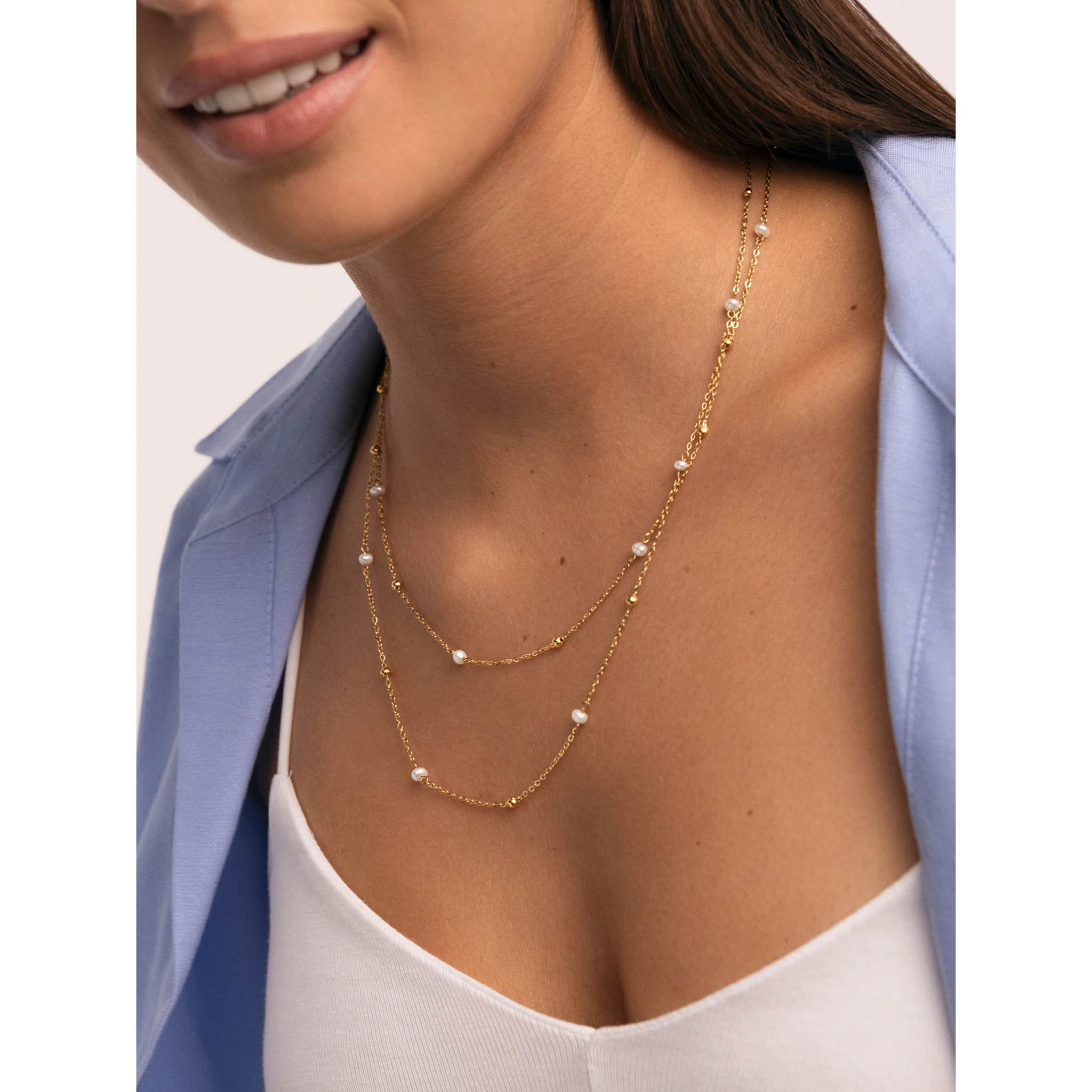 Collar Long Pearl Dots Acero Baño Oro