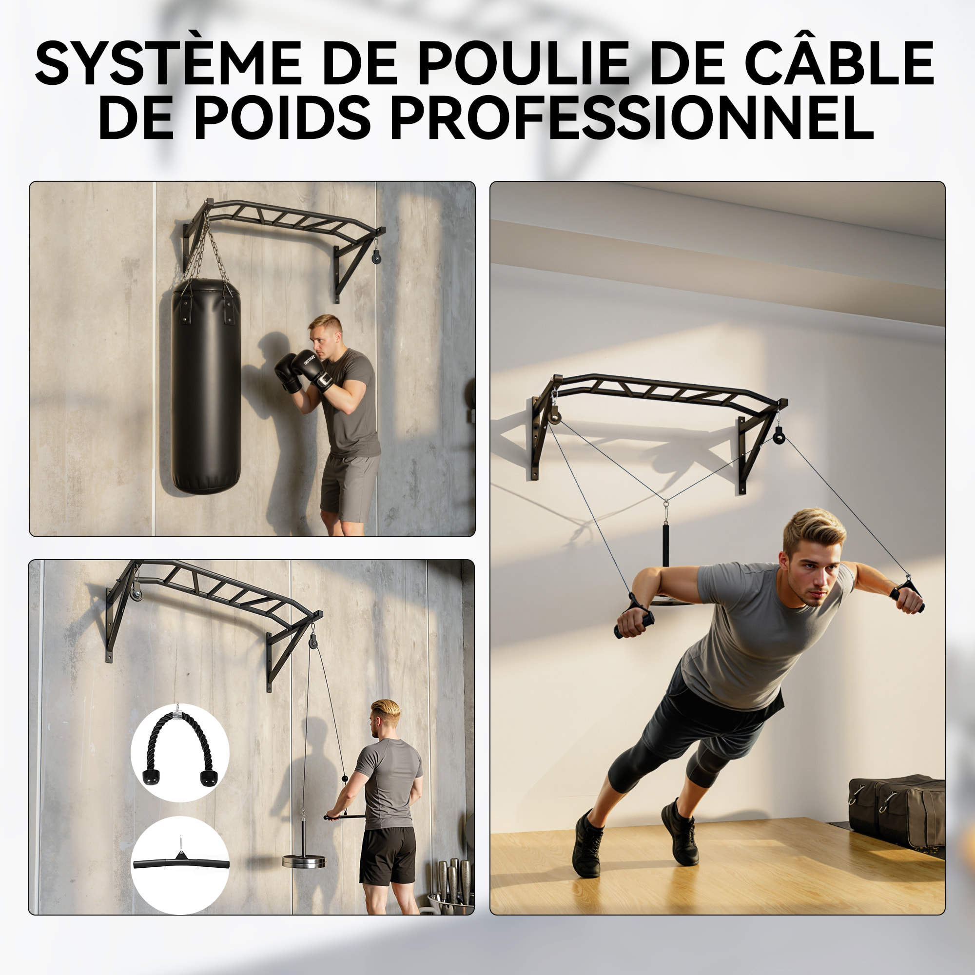 Barre de traction murale multi-prise avec accessoires et kit complet installation max. 200 Kg acier noir