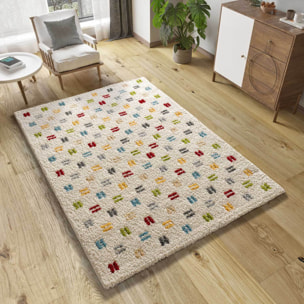 BREMEN Alfombra shaggy geométrica en blanco y motivos multicolor, varias medidas disponibles