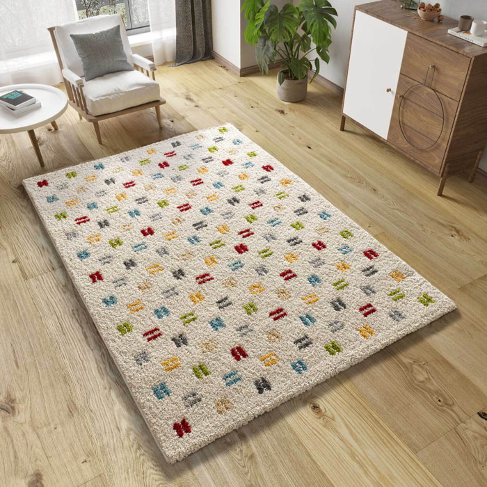 BREMEN Alfombra shaggy geométrica en blanco y motivos multicolor, varias medidas disponibles