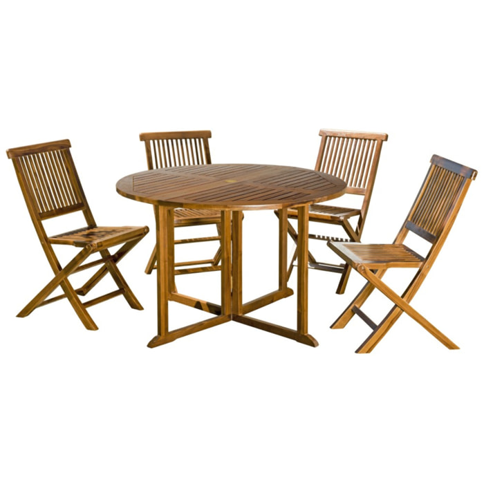 MAEVA - Salon de jardin en bois teck huilé 4/5 personnes - 1 table ronde à rabats papillon et 4 chaises