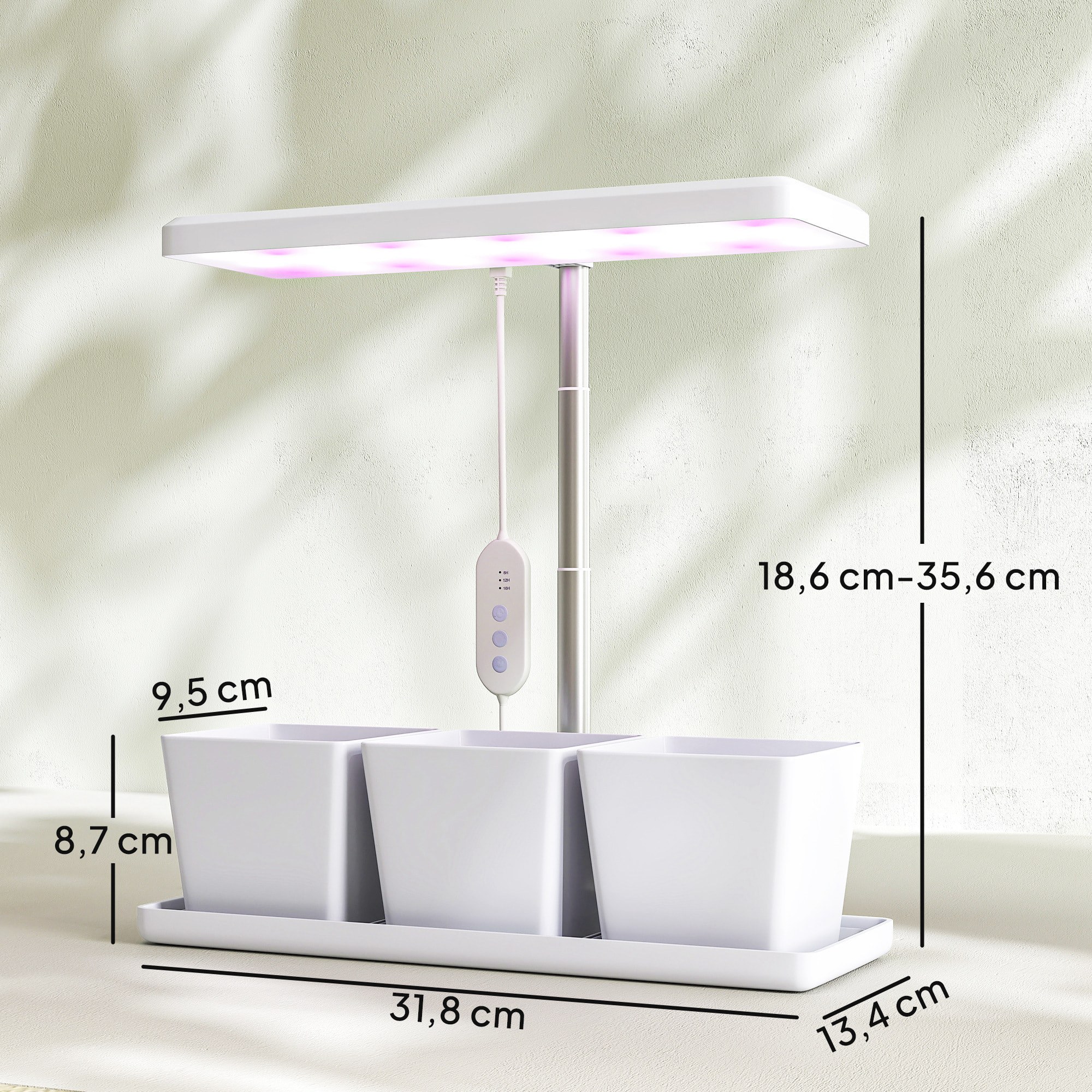 Lampe de croissance LED à spectre complet avec 3 pots - timer, hauteur, luminosité réglable - blanc