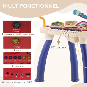 Jouet musical piano électronique batterie 2 en 1 - tabouret, micro et support - clavier 32 touches, effet lumineux, nombreux modes - PP multicolore