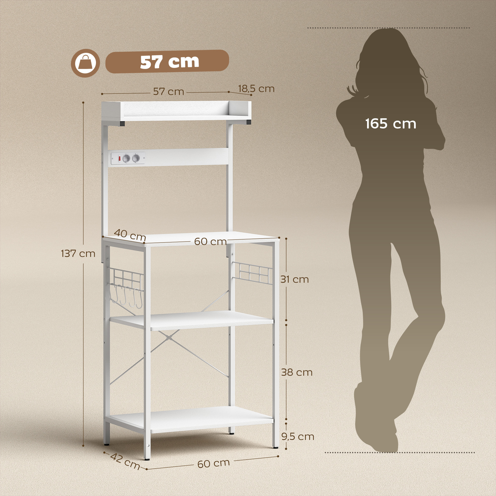 Estantería de Cocina con 2 Tomacorrientes, Estantería de Panadería Industrial con Estación de Café, Estante para Microondas, Estante Ajustable, Ganchos, 60x42x137 cm, Blanco