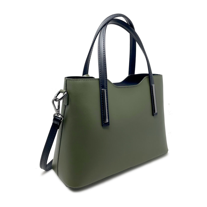 Chicca Borse - Borsa a Mano Donna in Vera Pelle - Colore Verde Militare - Nero