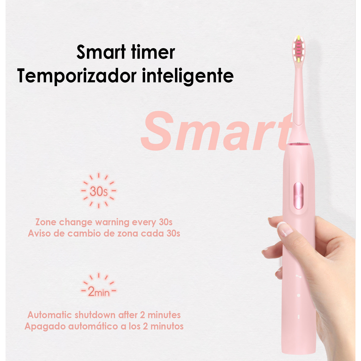 Cepillo dental eléctrico sónico ET06 con 4 modos de cepillado y base de carga. Incluye 2 cabezales.