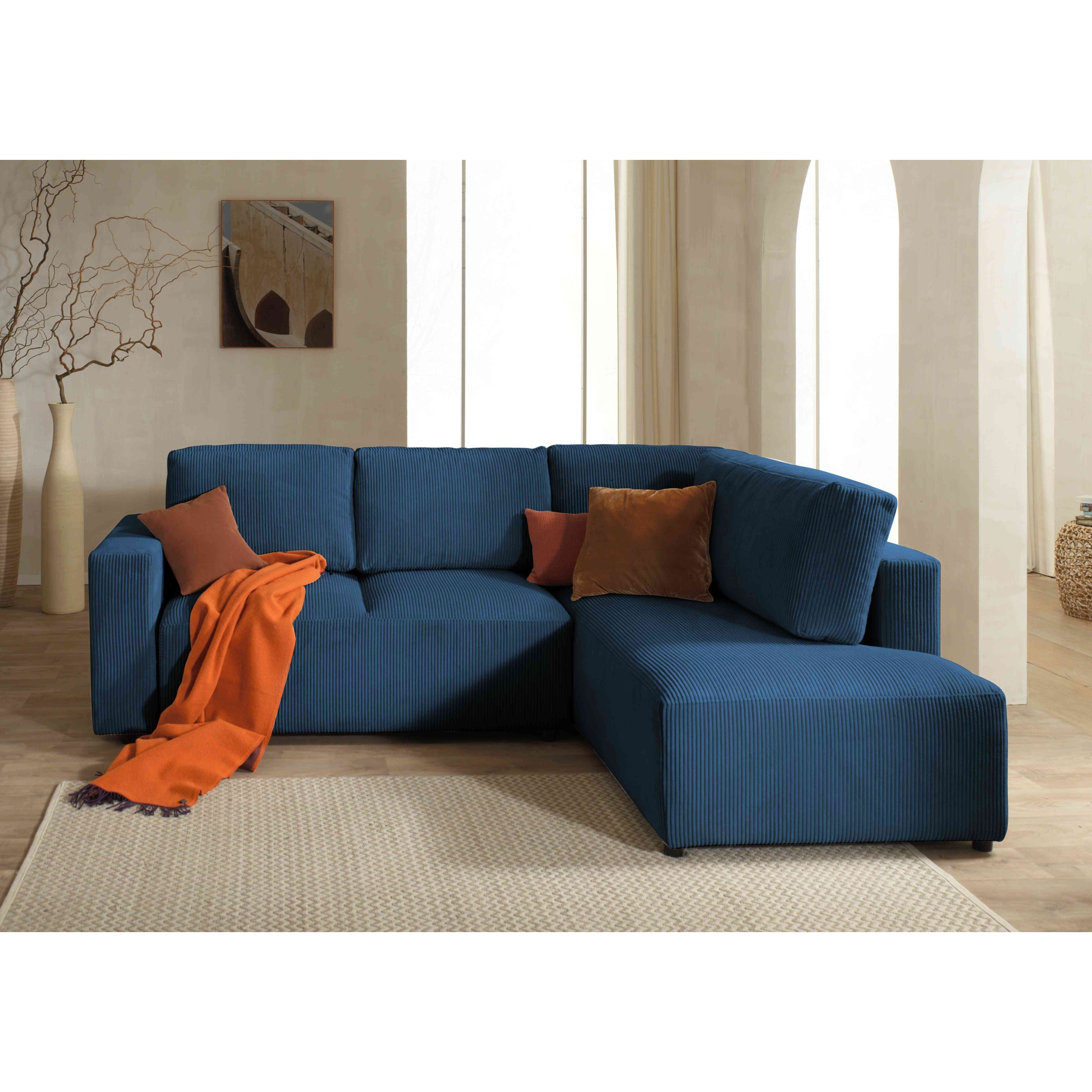 Livy - canapé d'angle convertible - avec coffre - en velours côtelé - 5 places - droit - Bleu Ardoise