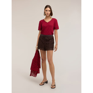 Motivi - T-shirt in misto lino con profili color oro - Rosso