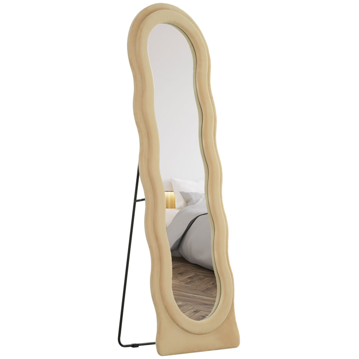Espejo de Cuerpo Entero 160x50 cm Espejo de Pie o de Pared Diseño Ondulado Marco con Tela de Terciopelo para Salón Dormitorio Beige