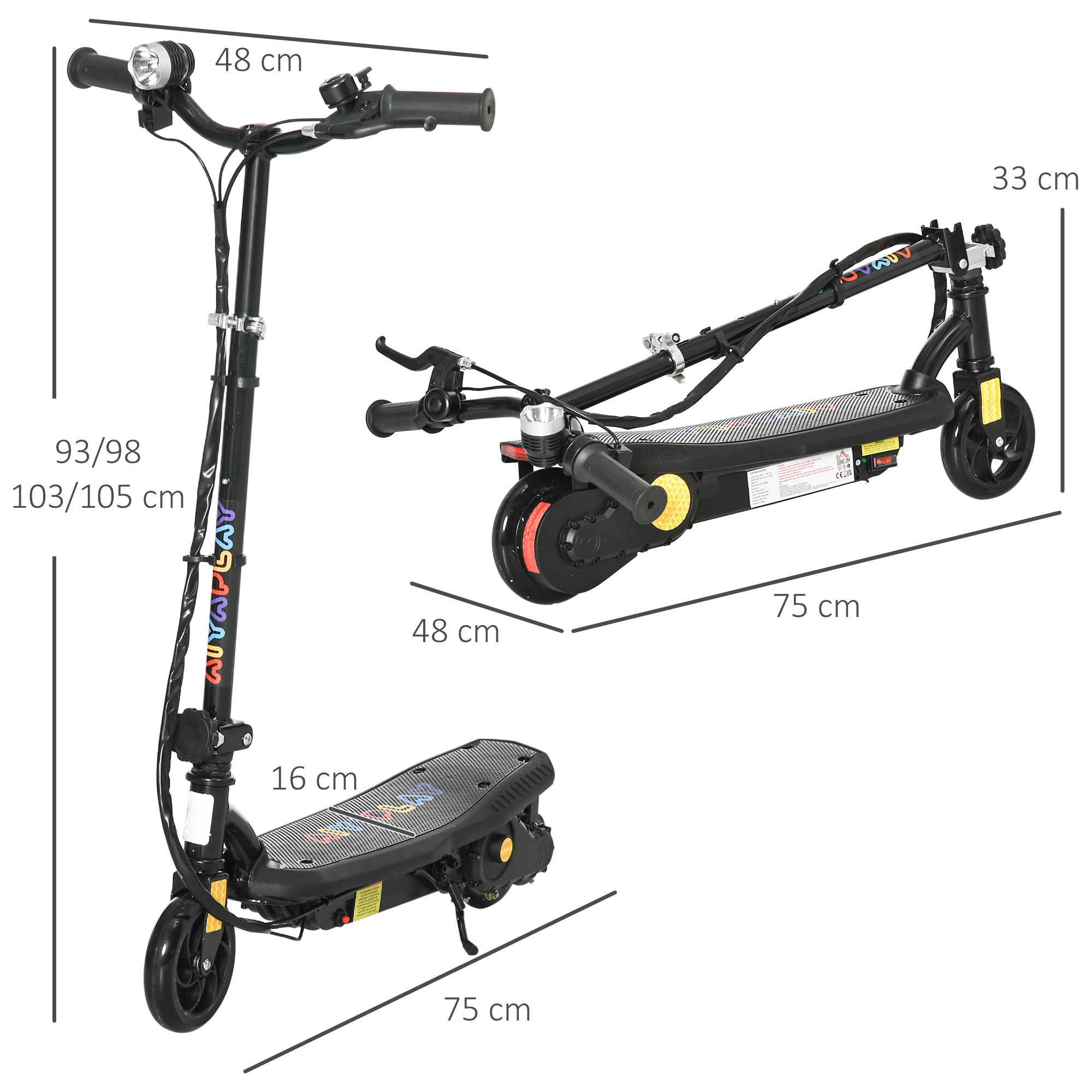 Patinete Eléctrico para Niños de 7-14 Años, Plegable, Patín Eléctrico, Max. 12 km/h, Motor 120 W, Autonomía Máxima 10 km, con Manillar Ajustable en Altura, Faro LED y Freno, Negro