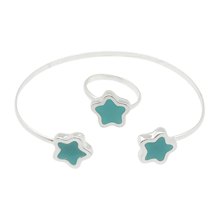 Conjunto Colors Flor Pulsera y anillo plata 10µ Azul celeste