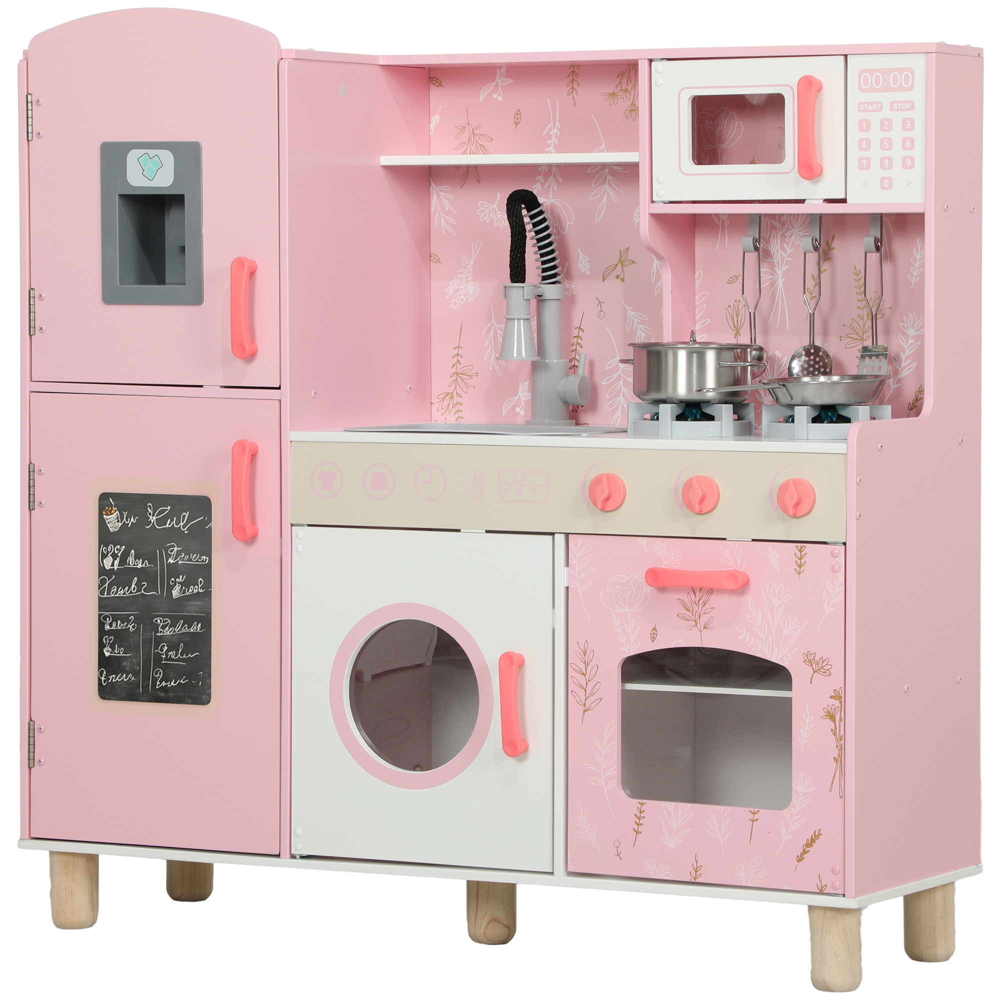 Cocina de Juguete para Niños +3 Años Cocina de Madera Infantil Cocinita Infantil con Sonido Fogón Horno Grifo Fregadero Microondas Lavadora Máquina de Hielo y Accesorios de Cocina Rosa