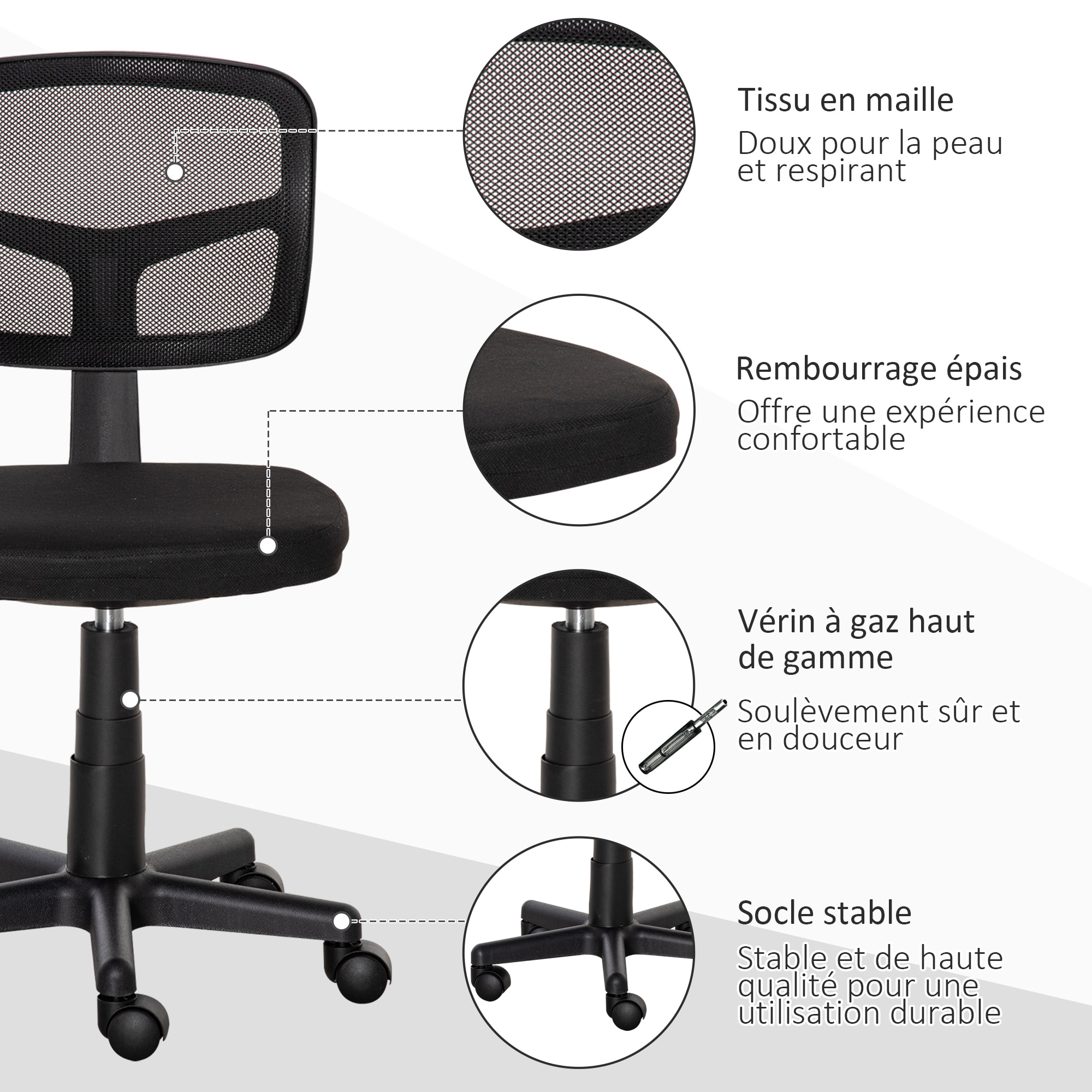 Chaise de bureau ergonomique hauteur réglable dossier enveloppant maille noir
